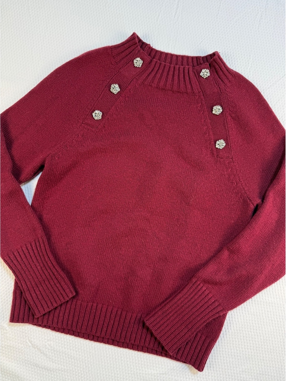J Crew Womens Small Burgundy Lambswool Jeweled Button Sweater Preppy Holiday